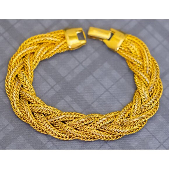 7 inch, Vintage Gold Tone Braids Chain Link Elegant Bracelet, G48 - Picture 2 of 3